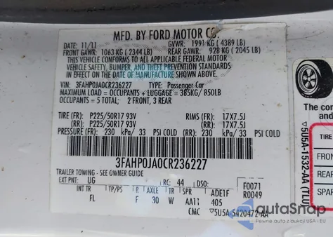 2012 Ford Fusion Sel from USA, damaged, VIN 3FAHP0JA0CR236227